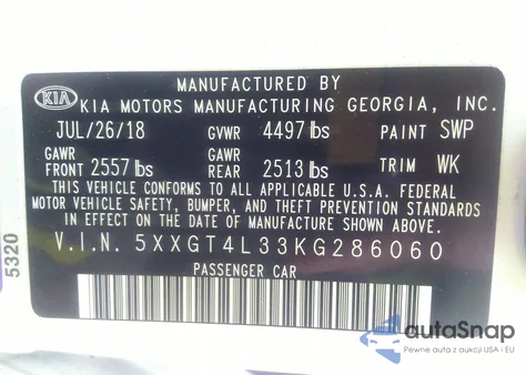 2019 Kia Optima S z USA, uszkodzony, nr VIN 5XXGT4L33KG286060